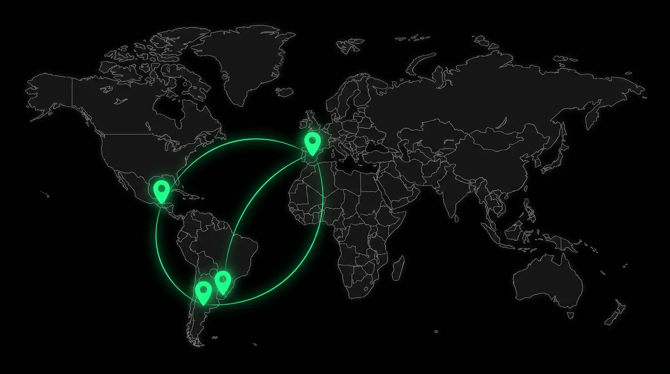 Mapa con presencia de clientes de Project Flow X en Argentina, Uruguay, España y Guatemala
